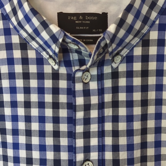 rag & bone Men’s Blue White Check Slim Fit Button Down Shirt - Picture 4 of 12